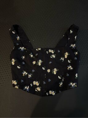 Reformation Black Floral Square-Neck Crop Top